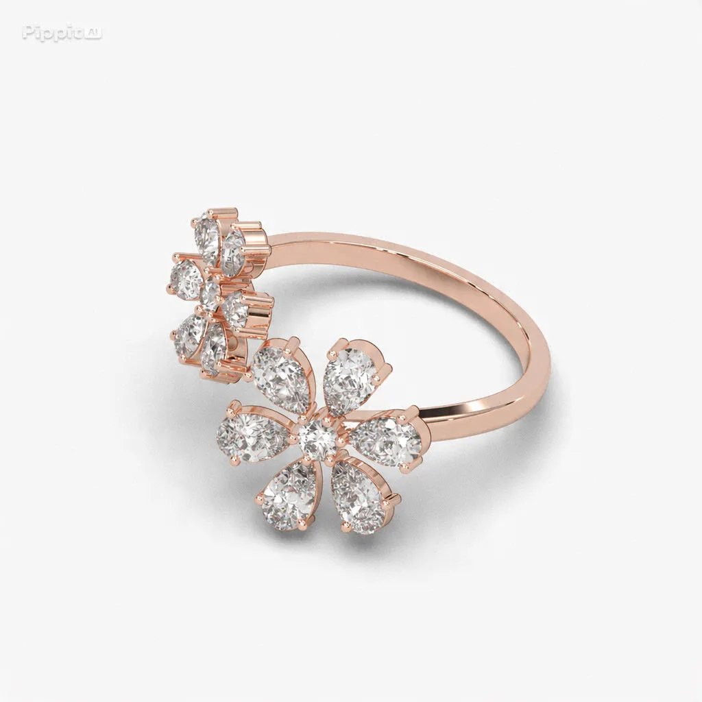 Anillo oro rosa 14k con forma de flor y circonias.