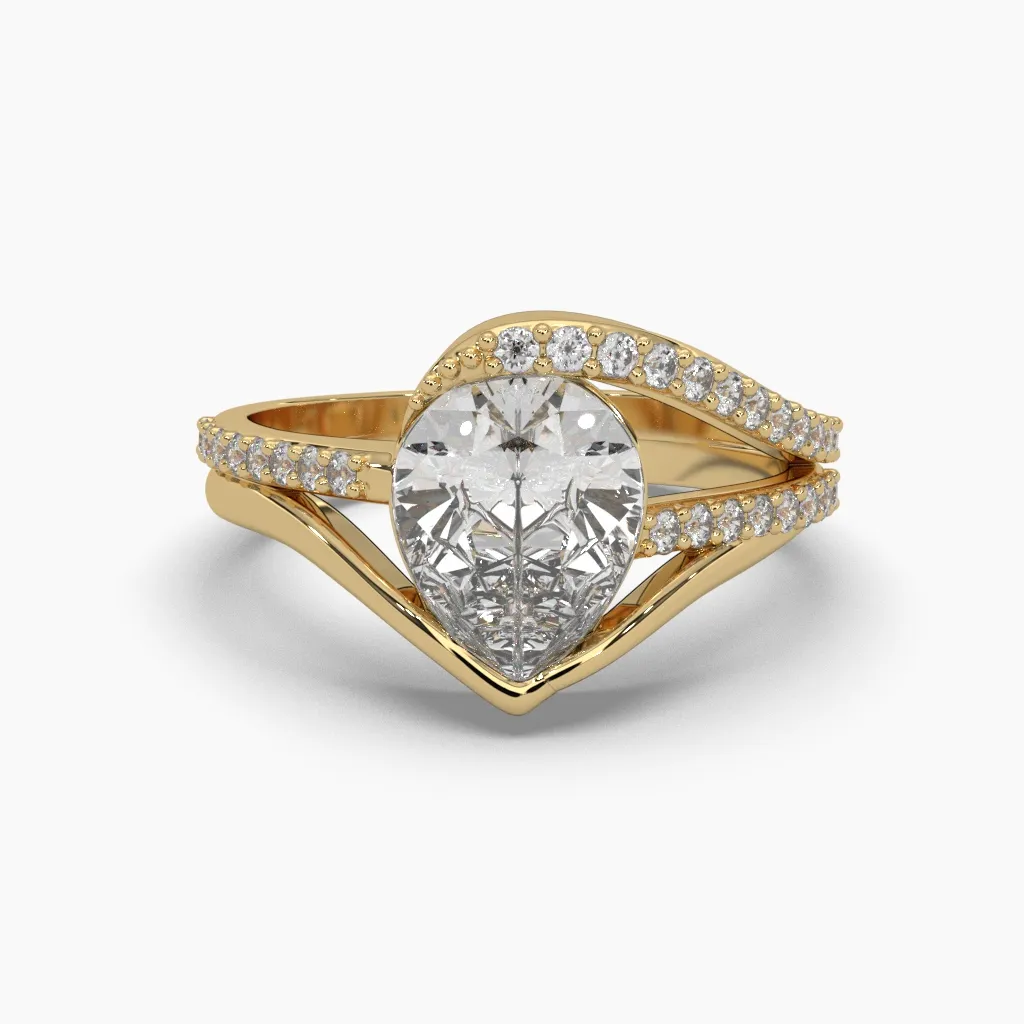 Anillo oro amarillo 14k con circonias redondas y centro circonia corte gota.