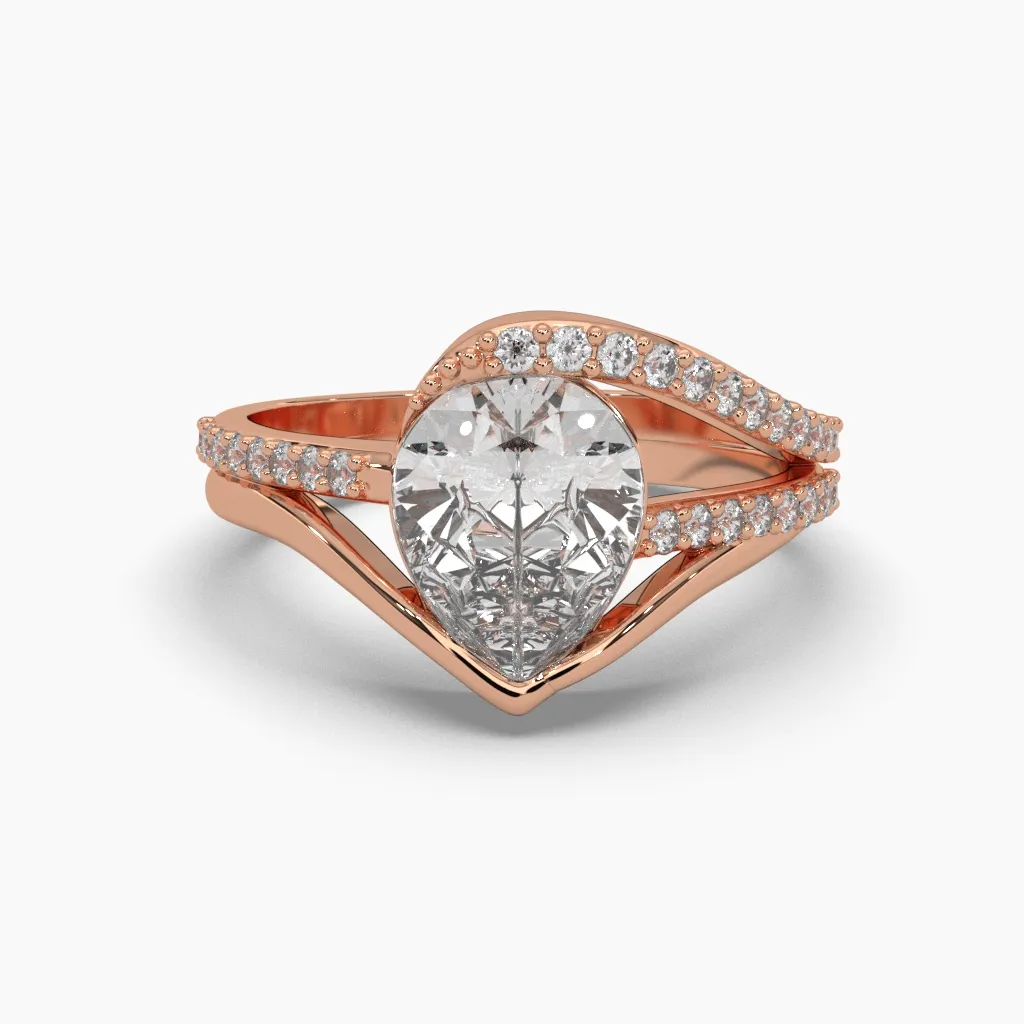 Anillo oro rosa 14k con circonias redondas y centro circonia corte gota.