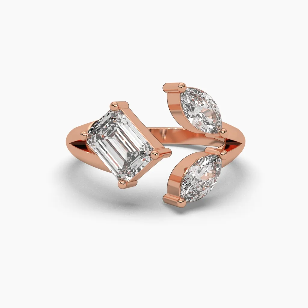 Anillo oro rosa 14k con circonias corte esmeralda y circonias marquiz.