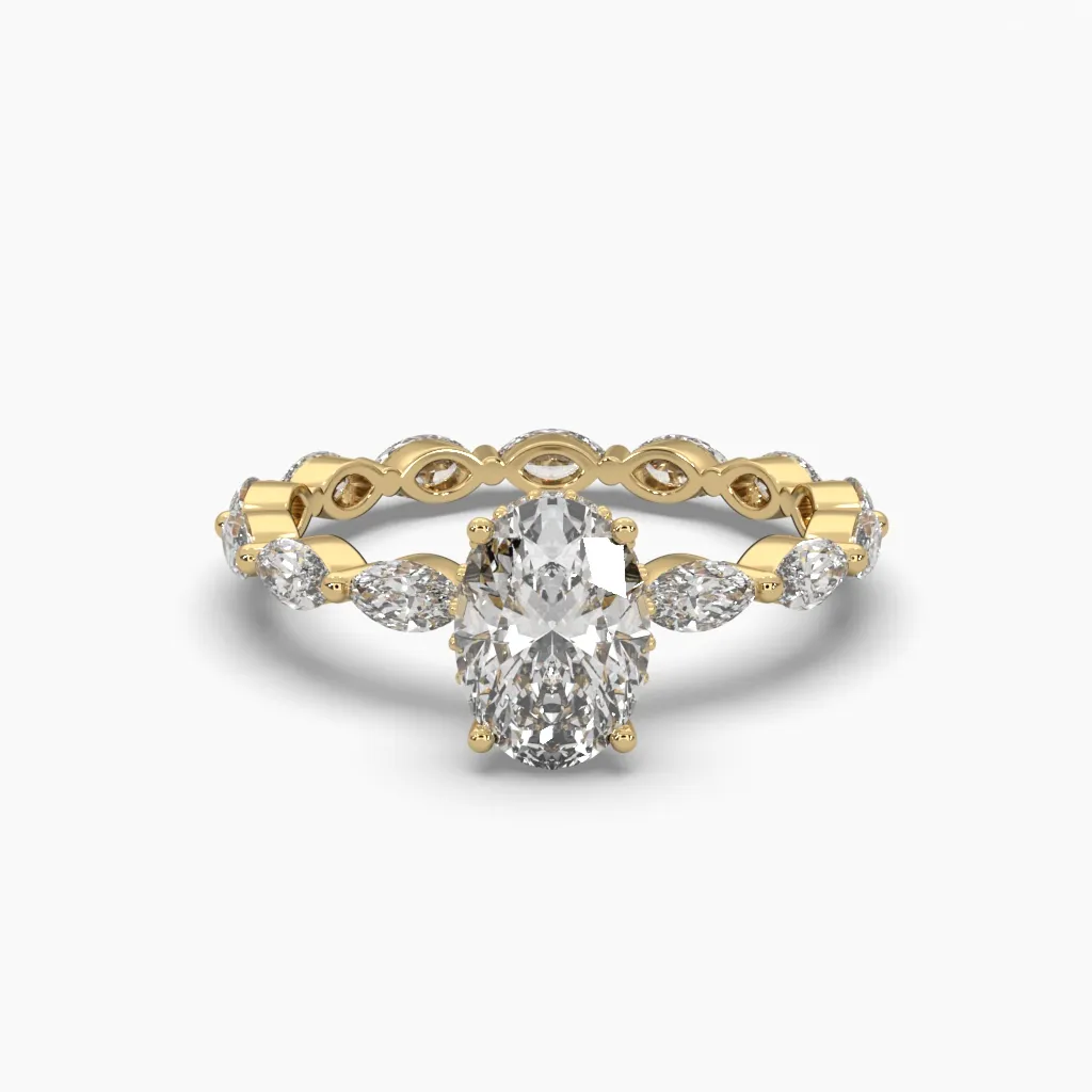 Anillo oro amarillo 14k con circonias marquiz y centro oval.